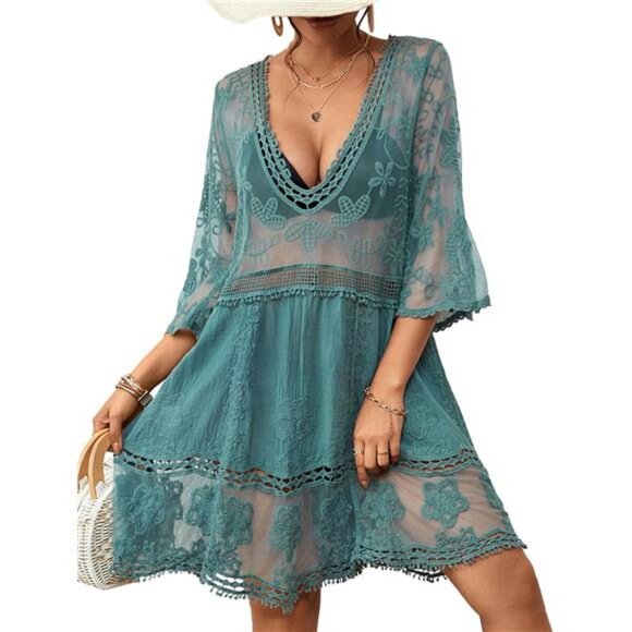 Women Lace Swimsuit Cover Up Bathing Suit Coverups V-Neck Swimwear